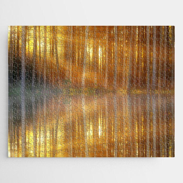 Mirrored lake reflection of morning aspen trees in the morning fog and sunshine nature landscape magical realism photograph / photography Jigsaw Puzzle