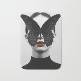BLACK BUTTERFLY Badematte | Dada22, Nature, Digital, Black and White, Figure, Curated, Collage, Figurative, Abstract, Butterfly 