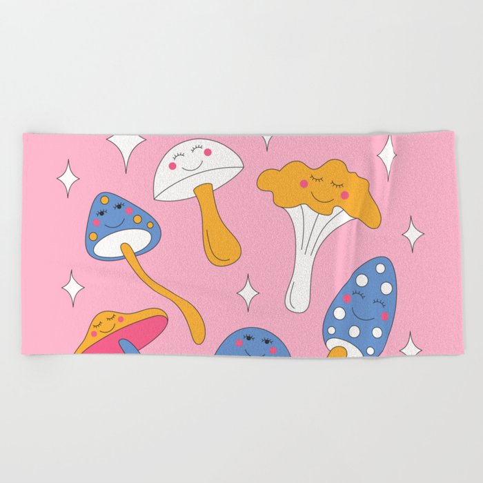 Retro mushrooms and smiles and sparkles. Pink background. Beach Towel