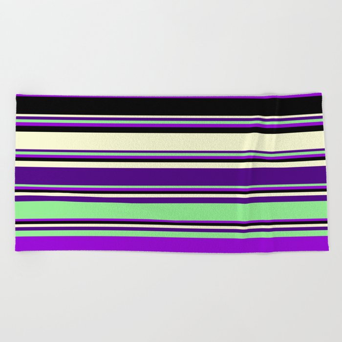 Eyecatching Light Yellow, Indigo, Light Green, Dark Violet & Black Colored Stripes/Lines Pattern Beach Towel