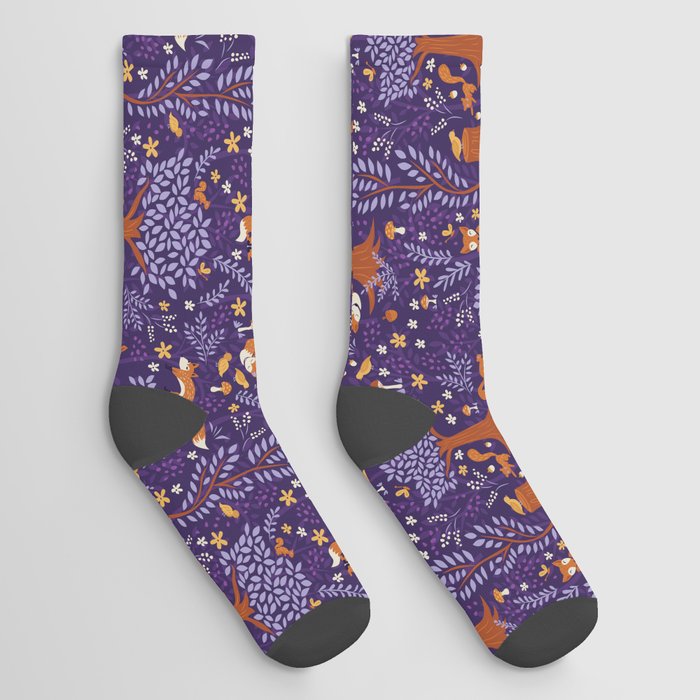 Foxes Playing in a Purple Forest Socks