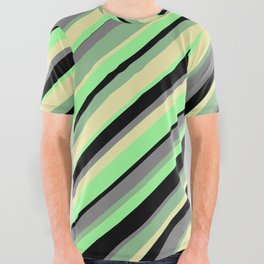 [ Thumbnail: Eye-catching Dark Sea Green, Pale Goldenrod, Green, Black, and Gray Colored Stripes Pattern All Over Graphic Tee ]