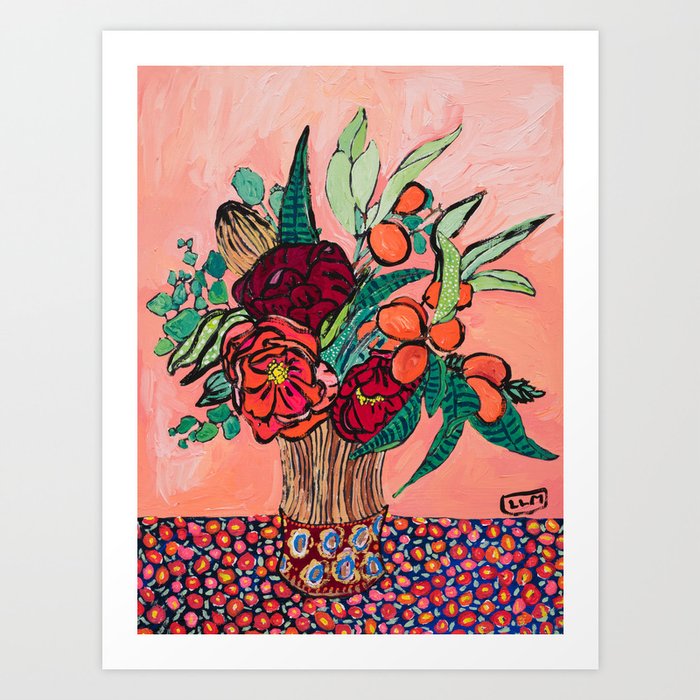 Peony, Banksia, and Citrus Bouquet on Peach Orange Background Painting with Liberty Print Floral Tablecloth Art Print