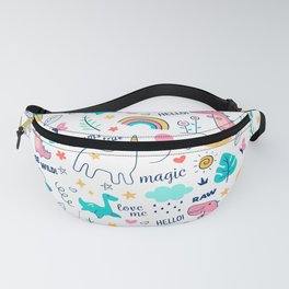 Cute Be Wild & Magical Doodle Illustration Unicorns Rainbows and Dinosaurs Pattern Fanny Pack