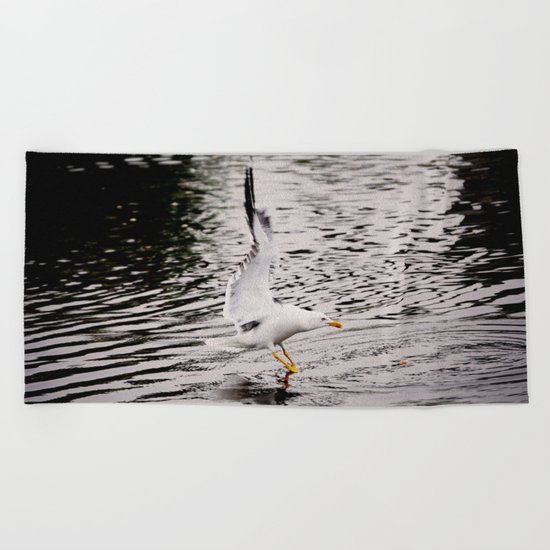 Seagull dancing on the lake Beach Towel