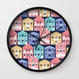 Colourful Portuguese houses // navy blue background rob roy yellow mandy red electric blue and peacock teal Costa Nova inspired houses Wall Clock