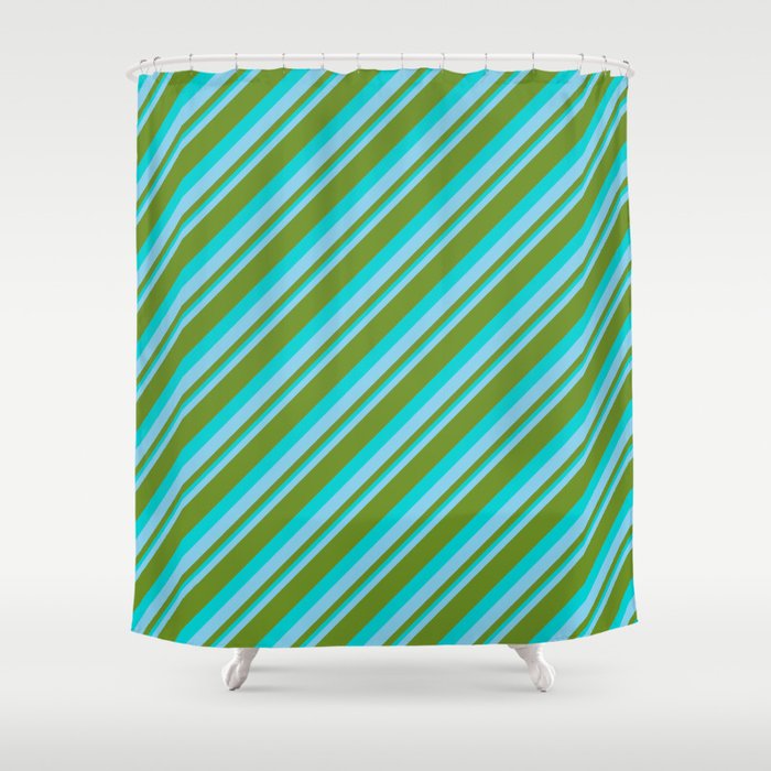 Sky Blue, Green & Dark Turquoise Colored Striped Pattern Shower Curtain