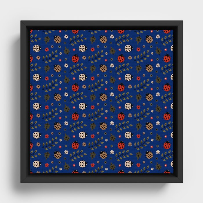 Ladybug and Floral Seamless Pattern on Blue Background Framed Canvas