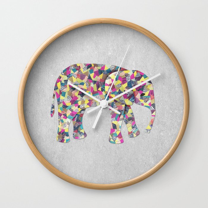 Elephant Collage in Gray Hot Pink Teal and Yellow Wall Clock