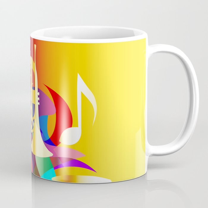 Colorful music instruments with guitar, trumpet, musical notes, bass clef and abstract decor Coffee Mug