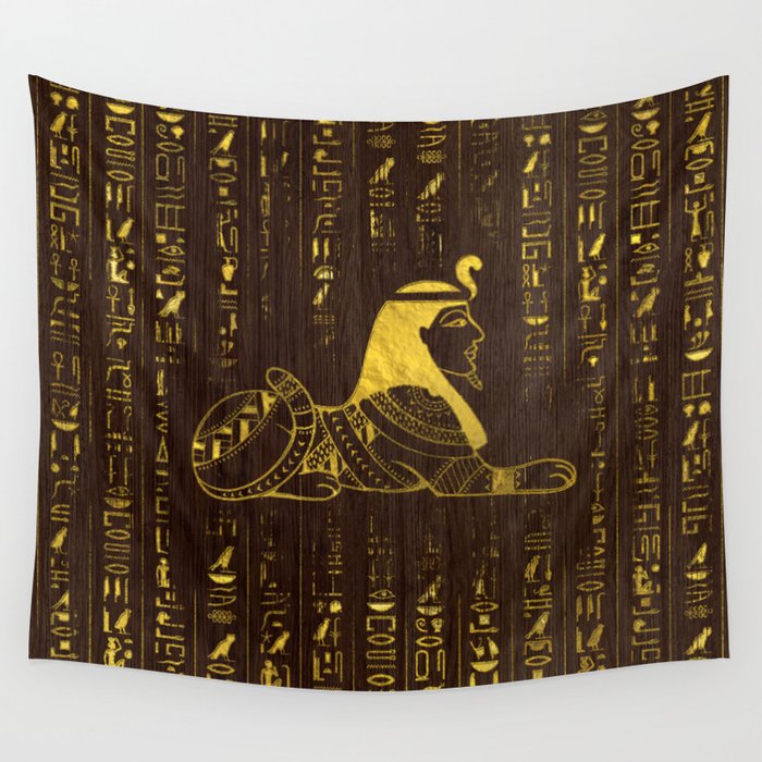 Golden Egyptian Sphinx and hieroglyphics on wood Wall Tapestry