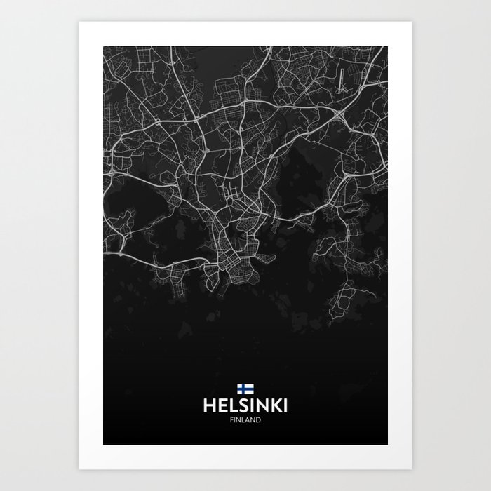 Helsinki, Finland - Dark City Map Art Print