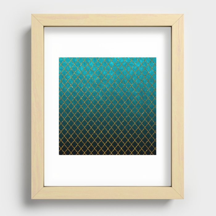 Turquoise gold glitter gradient quatrefoil pattern Recessed Framed Print