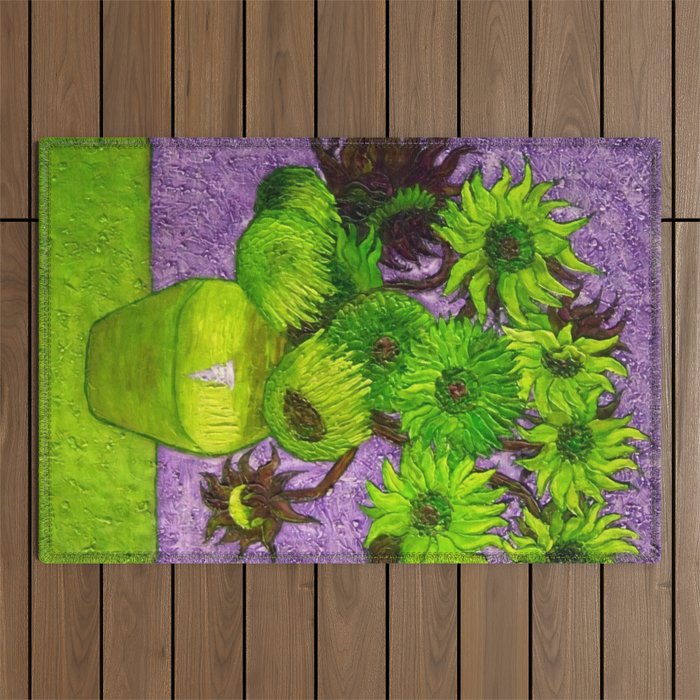 Vincent van Gogh Twelve green sunflowers in a vase still life with purple background portrait painting Outdoor Rug