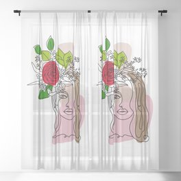 Woman with Flowers Abstract Line Art Sheer Curtain