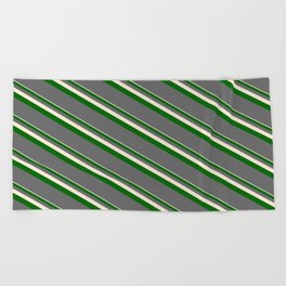 [ Thumbnail: Beige, Dark Green & Dim Grey Colored Lines/Stripes Pattern Beach Towel ]