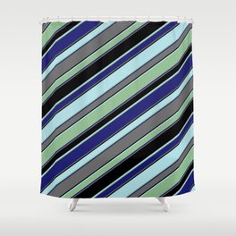 [ Thumbnail: Powder Blue, Dark Sea Green, Midnight Blue, Dim Gray, and Black Colored Striped/Lined Pattern Shower Curtain ]
