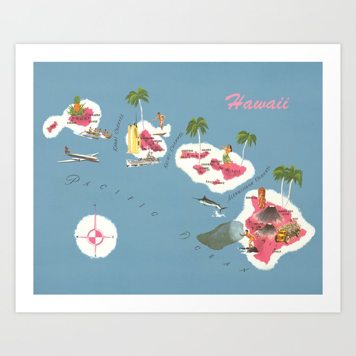 Retro Hawaii Map Art Print