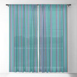 [ Thumbnail: Teal, Maroon & Medium Slate Blue Colored Lined/Striped Pattern Sheer Curtain ]