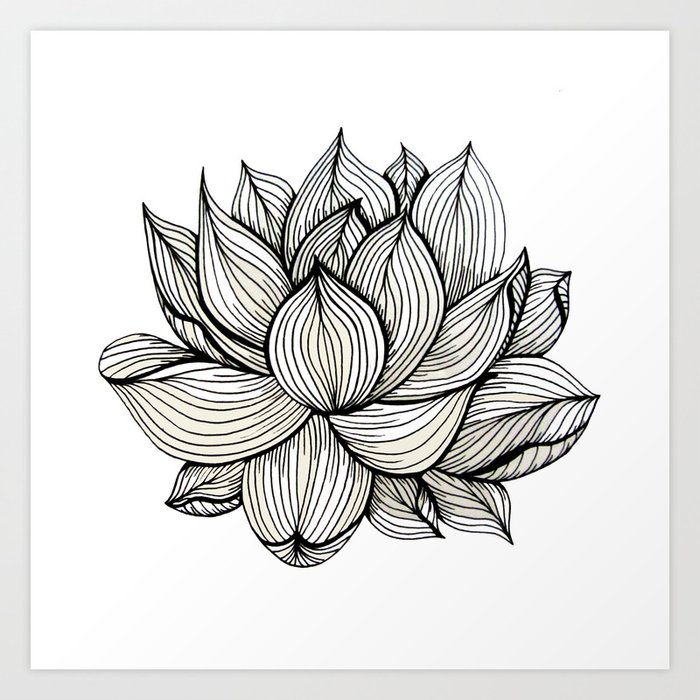 Lotus Flower, Black and white, Nature, Organic design, drawing, abstract, unique, lines, pattern, Art Print