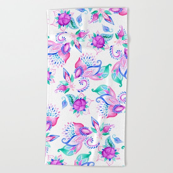 Modern pink turquoise hand painted floral paisley pattern illustration Beach Towel