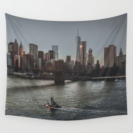 Brooklyn Bridge and Manhattan skyline at sunset in New York City Wall Tapestry