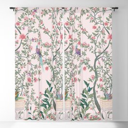 Chinoiserie Blush Pink Fresco Floral Garden Birds Oriental Botanical Blackout Curtain