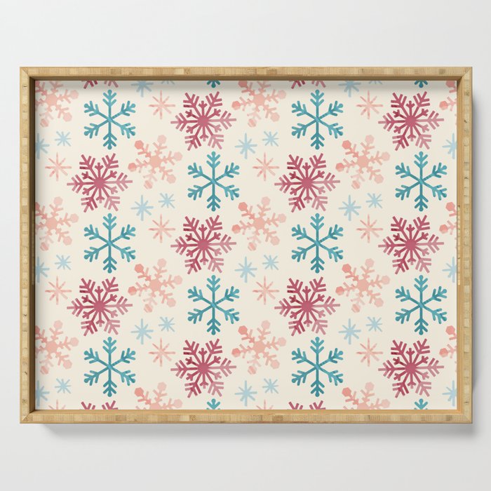Christmas Pattern Watercolor Snowflake Pink Blue Serving Tray