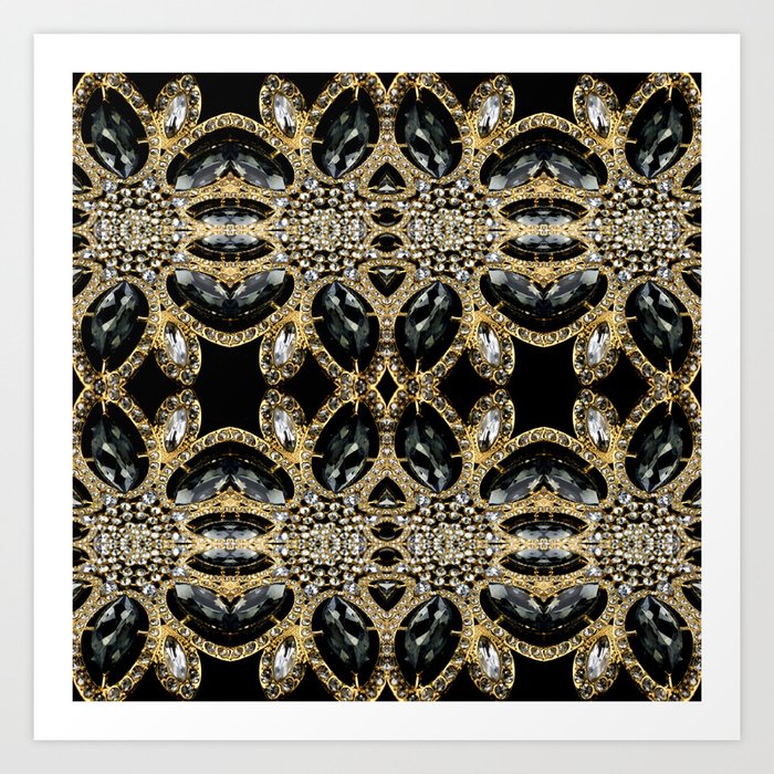  art deco jewelry bohemian champagne gold black rhinestone Art Print
