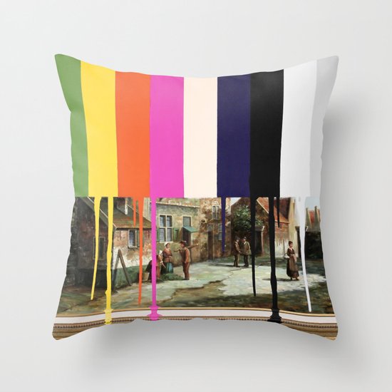 Garage Sale Painting of Peasants with Color Bars Throw Pillow