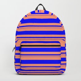 [ Thumbnail: Light Salmon & Blue Colored Lined/Striped Pattern Backpack ]