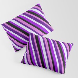 [ Thumbnail: Eye-catching Orchid, Indigo, Lavender, Dark Violet, and Black Colored Stripes Pattern Pillow Sham ]