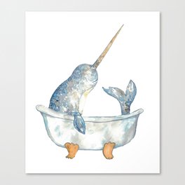  Narwhal whale taking bath watercolor Canvas Print