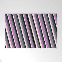 [ Thumbnail: Dark Slate Gray, Grey, Orchid, Beige & Black Colored Stripes Pattern Welcome Mat ]