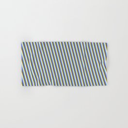 [ Thumbnail: Sky Blue, Slate Blue, Green, and Beige Colored Striped Pattern Hand & Bath Towel ]