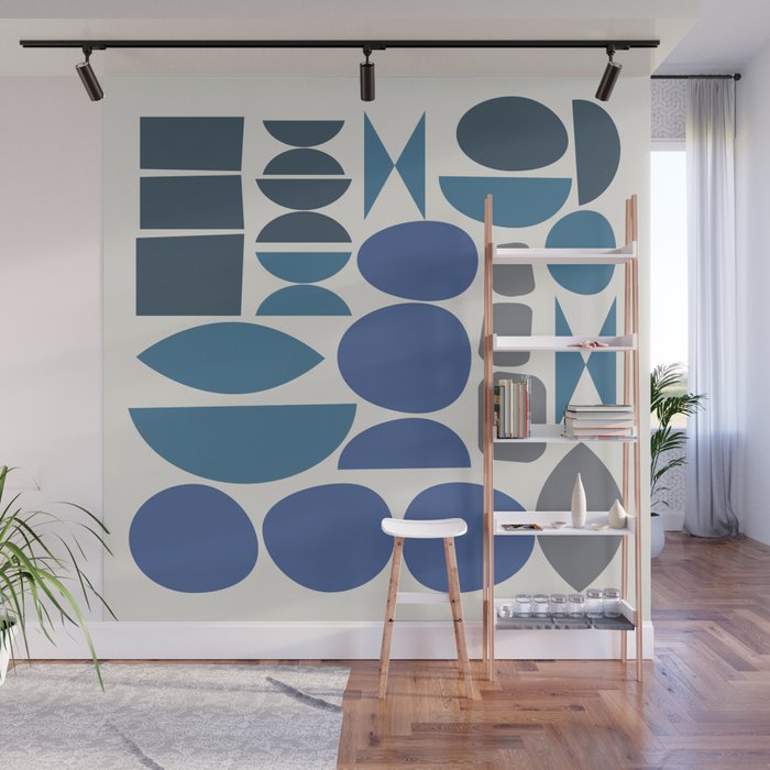 Contemporary Abstract Shapes in Blue and Grey Wall Mural