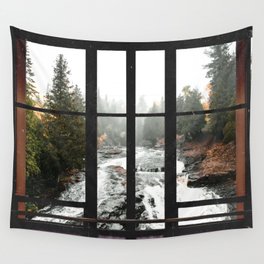 Window to the Waterfall and Forest | Foggy Forest Landscape in Autumn Wall Tapestry