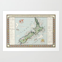 Poster A Map of New Zealand (1913) by MacDonald Gil. Art Print