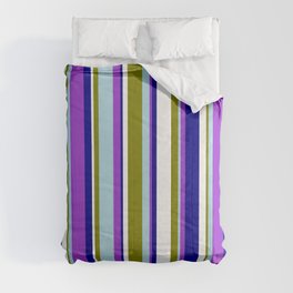 [ Thumbnail: Eyecatching Green, Light Blue, Dark Orchid, Dark Blue, and White Colored Lined/Striped Pattern Comforter ]