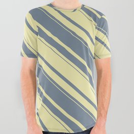[ Thumbnail: Slate Gray & Pale Goldenrod Colored Stripes Pattern All Over Graphic Tee ]