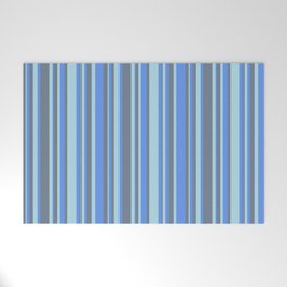 [ Thumbnail: Cornflower Blue, Light Blue, and Slate Gray Colored Striped Pattern Welcome Mat ]