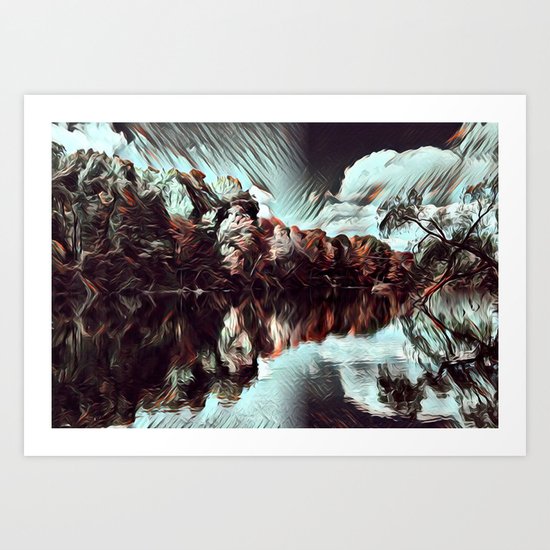 Dark & Eerie Forest on the River (Black & White) Art Print