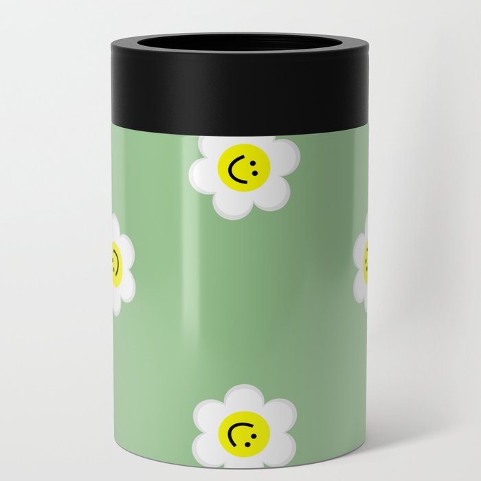 Happy White Daisies Sage Green Can Cooler