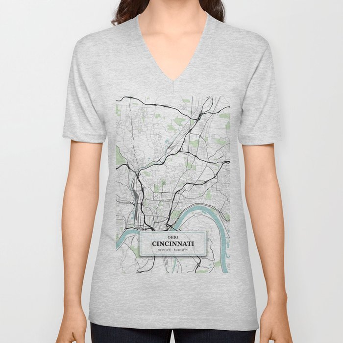 Cincinnati, Ohio City Map with GPS Coordinates V Neck T Shirt
