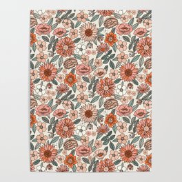 70s flowers - 70s, retro, spring, floral, florals, floral pattern, retro flowers, boho, hippie, earthy, muted Poster