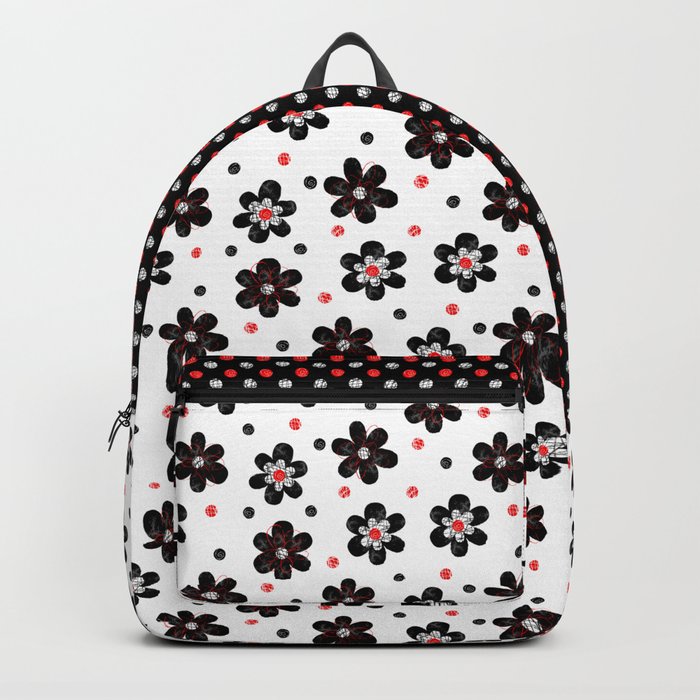 Doodle Dots Large Flower Pattern - Black Red Backpack