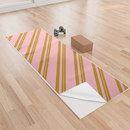 [ Thumbnail: Dark Goldenrod & Light Pink Colored Striped/Lined Pattern Yoga Towel ]