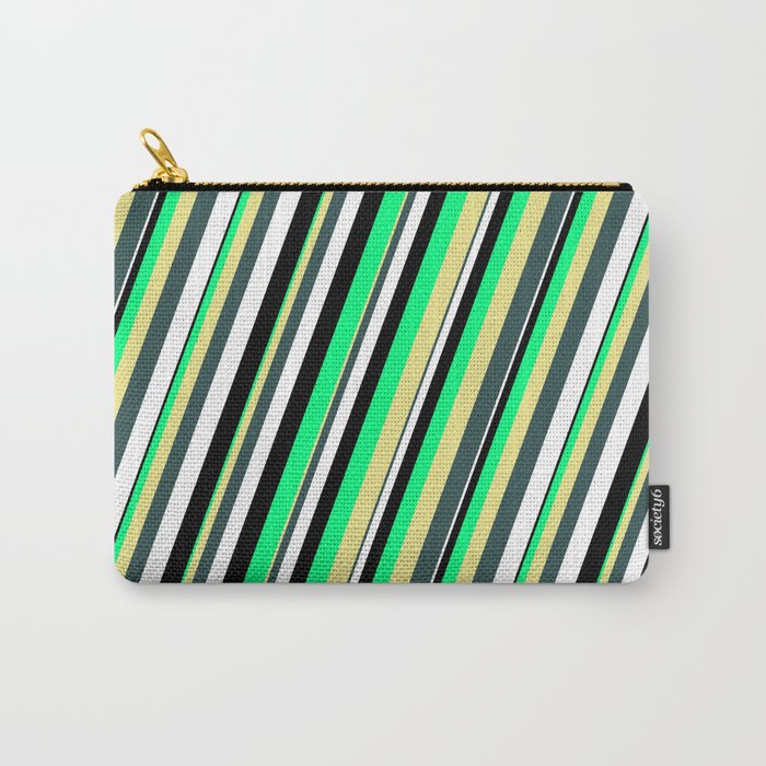 Vibrant Green, Tan, Dark Slate Gray, White, and Black Colored Striped/Lined Pattern Carry-All Pouch