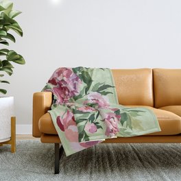 Happy peony eucalyptus green background Throw Blanket