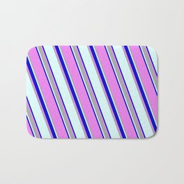 [ Thumbnail: Light Cyan, Blue, Violet, and Dark Grey Colored Lines/Stripes Pattern Bath Mat ]